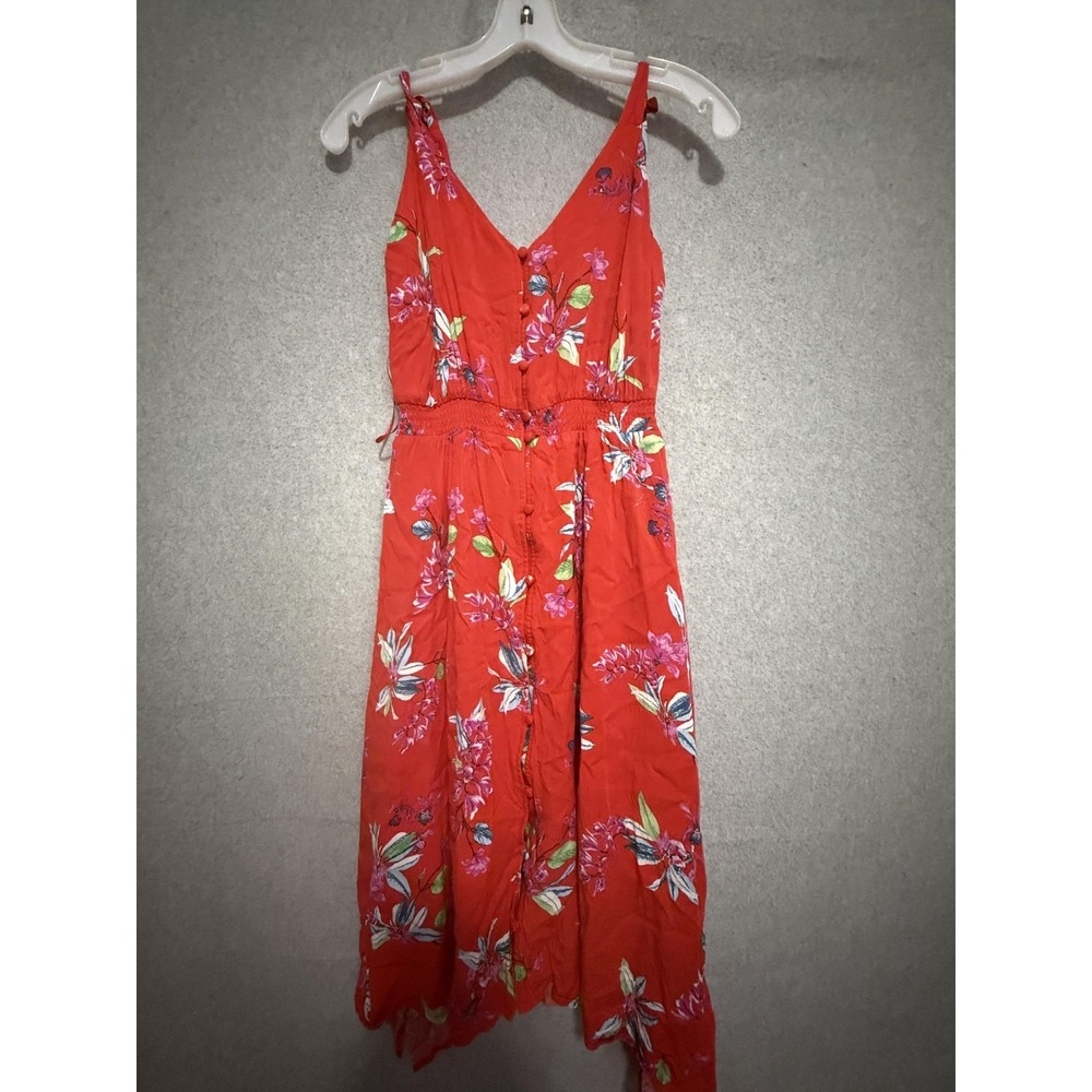 Lucky Brand Dress Womens XS Red Floral Button Front Midi Sundress Boho Lined
